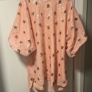 Sequins, pink and gold, puffer sleeves